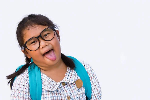 Sonrisa Chica Cara Divertida Prepárate Para Bolso Escuela Copiar Espacio — Foto de Stock