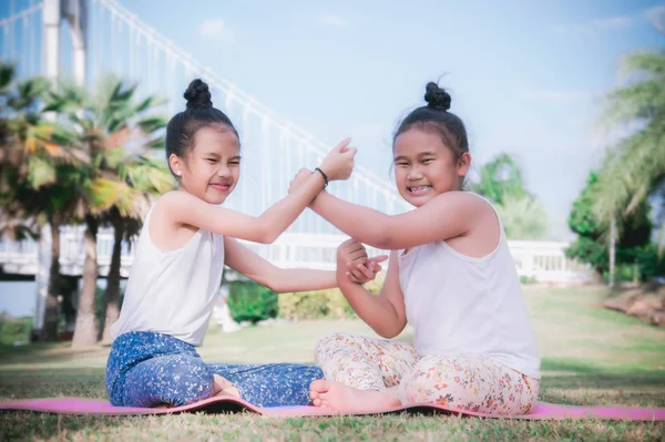 Dos Chica Hermana Amistad Jugando Divertirse Parque Infancia Felicidad — Foto de Stock