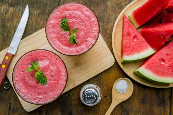 Fruta Smoothie Melancia Mesa Madeira Bebidas Frutas Doces Verão Para — Fotografia de Stock