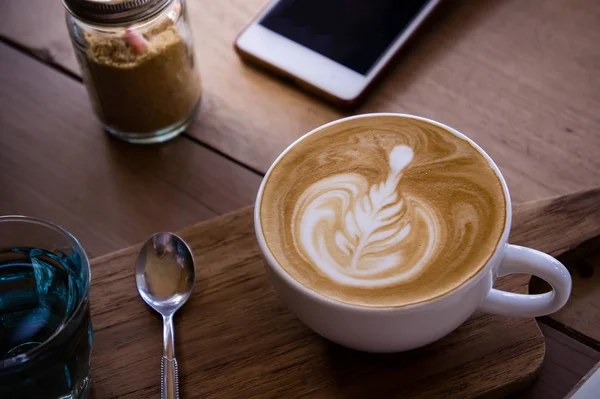 Kaffee Aroma Latte Art Tasse Auf Holztisch Entspannung Café Café — Stockfoto