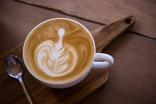 Kaffee Aroma Latte Art Tasse Auf Holztisch Entspannung Café Café — Stockfoto