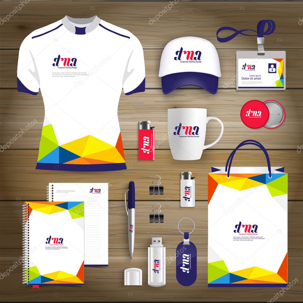 Gift Items business corporate identity, Vector abstract Color promotional souvenirs design with origami elements for diagonal lines. link digital technology company Stationery set,