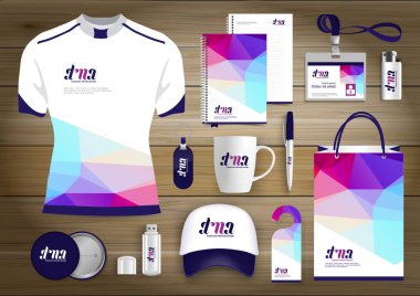 Hediye öğeleri iş kurumsal kimlik, vektör soyut renk promosyon Hatıra Eşyası tasarımı çapraz çizgiler için origami elemanları ile. bağlantı dijital teknoloji şirketi kırtasiye seti, 