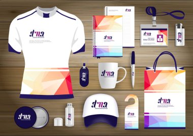 Hediye öğeleri iş kurumsal kimlik, vektör soyut renk promosyon Hatıra Eşyası tasarımı çapraz çizgiler için origami elemanları ile. bağlantı dijital teknoloji şirketi kırtasiye seti, 