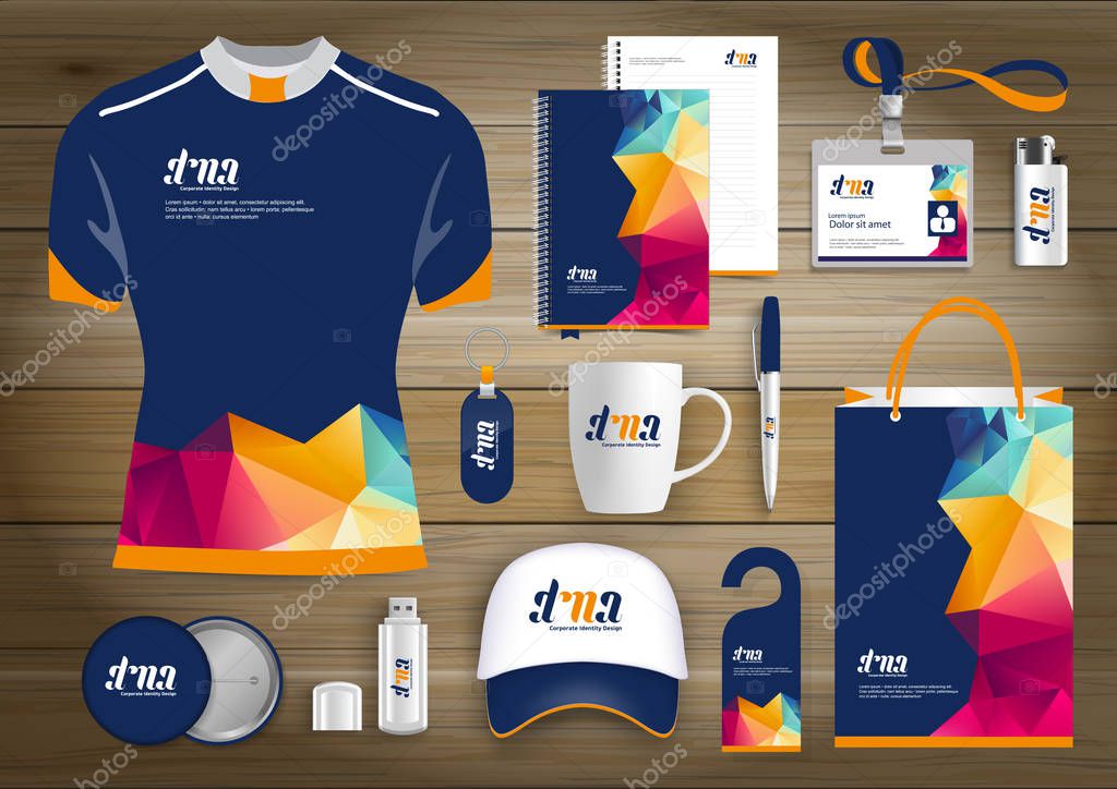 Gift Items business corporate identity, Vector abstract Color promotional souvenirs design with origami elements for diagonal lines. link digital technology company Stationery set,