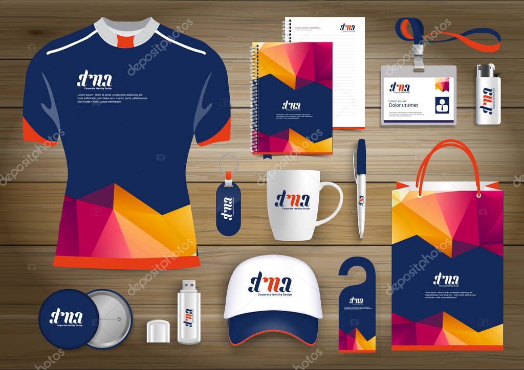 Gift Items business corporate identity, Vector abstract Color promotional souvenirs design with origami elements for diagonal lines. link digital technology company Stationery set,
