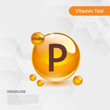Vitamin P altın parlayan hap capcule simgesi, cholecalciferol. Kimyasal formül madde damla ile altın vitamini kompleksi. Tıbbi için sağlık vektör illüstrasyon