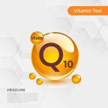 Vitamin Q10 altın parlayan hap capcule simgesi, cholecalciferol. Kimyasal formül madde damla ile altın vitamini kompleksi. Tıbbi için sağlık vektör illüstrasyon