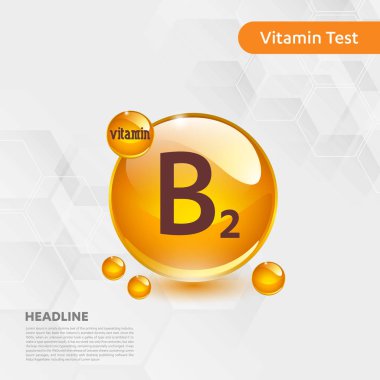 Vitamin B2 altın parlayan hap capcule simgesi, cholecalciferol. Kimyasal formül madde damla ile altın vitamini kompleksi. Tıbbi için sağlık vektör illüstrasyon