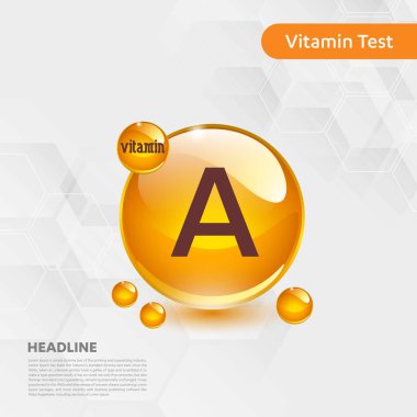 Vitamin A altın parlayan hap capcule simgesi, cholecalciferol. Kimyasal formül madde damla ile altın vitamini kompleksi. Tıbbi için sağlık vektör illüstrasyon