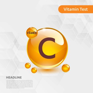 C vitamini altın parlayan hap capcule simgesi, cholecalciferol. Kimyasal formül madde damla ile altın vitamini kompleksi. Tıbbi için sağlık vektör illüstrasyon