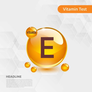 E vitamini altın parlayan hap capcule simgesi, cholecalciferol. Kimyasal formül madde damla ile altın vitamini kompleksi. Tıbbi için sağlık vektör illüstrasyon