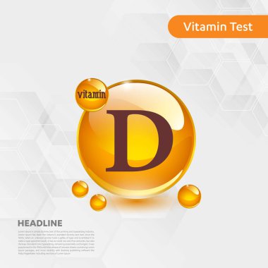 D vitamini altın parlayan hap capcule simgesi, cholecalciferol. Kimyasal formül madde damla ile altın vitamini kompleksi. Tıbbi için sağlık vektör illüstrasyon
