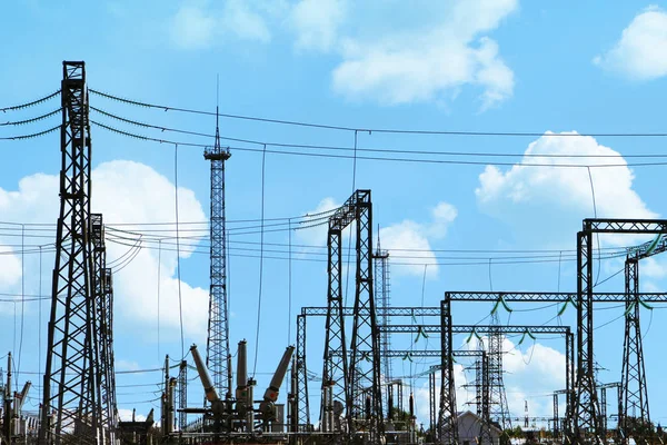 High Voltage Electric Power Station Electric Poles Lines Blue Sky — Stock Photo, Image