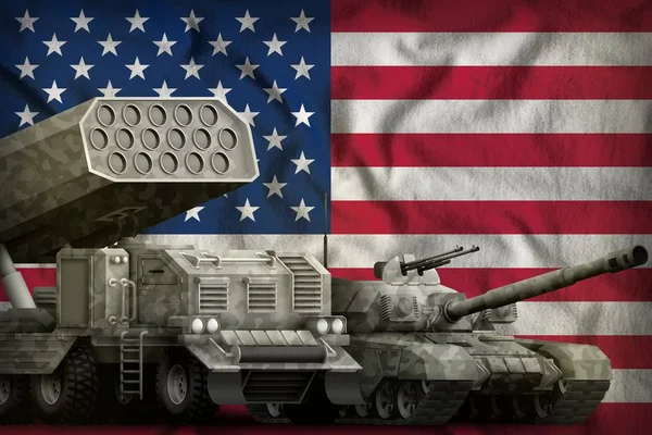 Tank Och Raket Artilleri Med City Kamouflage Usa Flagga Bakgrunden — Stockfoto