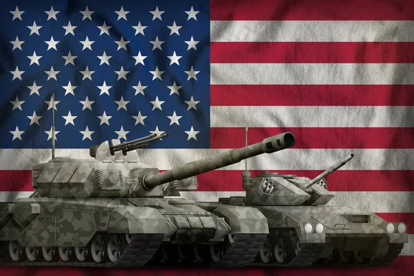 Nádrže Šedou Kamufláž Pozadí Vlajky Usa Usa Tank Síly Koncepce — Stock fotografie