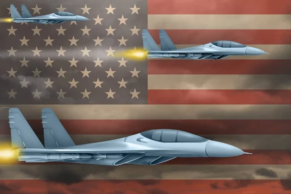 Ηπα Έννοια Απεργία Αέρα Σύγχρονο Πόλεμο Αεροπλάνα Επίθεσης Φόντο Σημαίας — Φωτογραφία Αρχείου