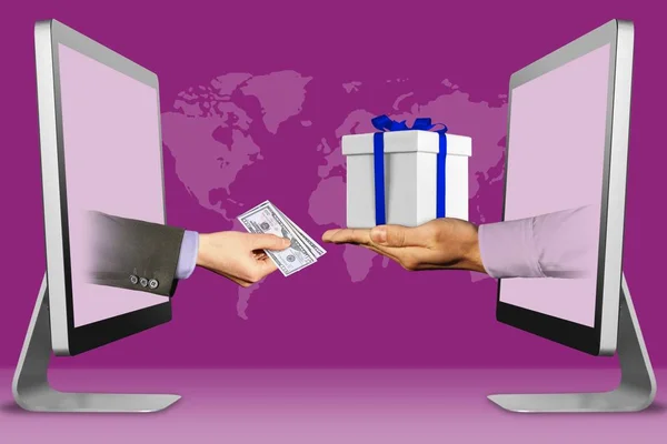 Vásárolni Ajándékokat Online Koncepció Kezében Monitorok Készpénz Kéz Díszdobozban Illusztráció — Stock Fotó