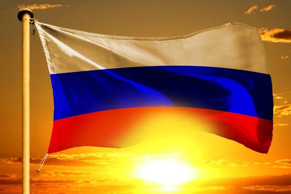 Rússia Tecelagem Bandeira Belo Fundo Pôr Sol Laranja — Fotografia de Stock