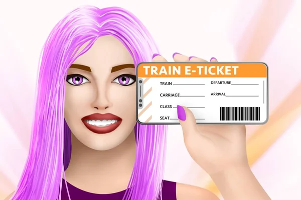 Concept train e-ticket (electronic ticket). Smiling cute drawn girl on colourful background. Digital illustration