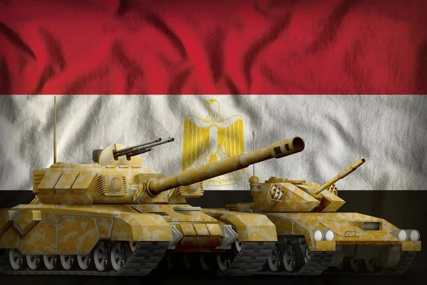 tanks with orange camouflage on the Egypt flag background. Egypt tank forces concept. 3d Illustration