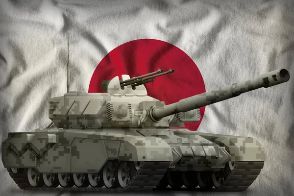 heavy tank with city pixel camouflage on the Japan flag background. 3d Illustration