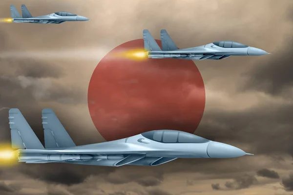 Japan air strike concept. Modern war airplanes attack on Japan flag background. 3d Illustration