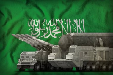 rocket forces with city camouflage on the Saudi Arabia flag background. Saudi Arabia rocket forces concept. 3d Illustration clipart