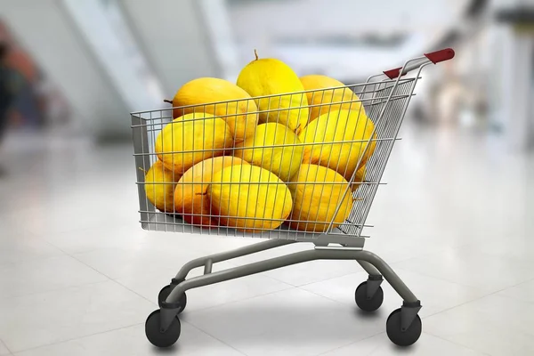 melons in the shopping cart at bokeh blurred shop background. Natural organic vegetarian food.