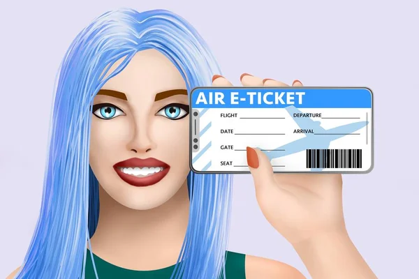 Concept air e-ticket (electronic ticket). Smiling cute drawn girl on vivid background. Digital illustration