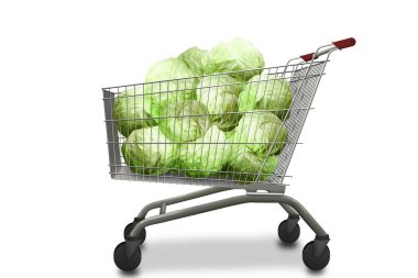 lahana, izole beyaz arka plan olarak alışveriş arabası. Doğal organik sebzeli yemekler.
