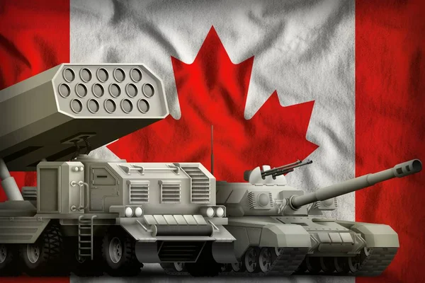 坦克和火箭火炮在加拿大旗子背景 加拿大重型军用装甲车辆概念 — 图库照片