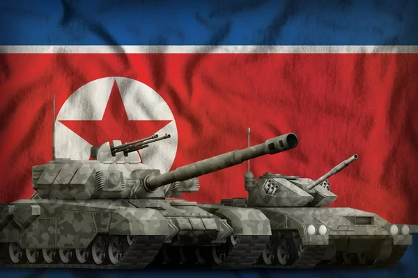 Tanques Com Camuflagem Cinza Fundo Bandeira República Popular Democrática Coreia — Fotografia de Stock