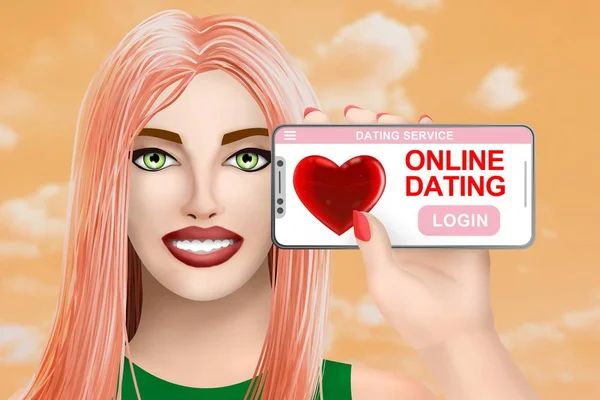 Concept Online Dating Matchmaking Smiling Pretty Drawn Girl Bright Background — Stock Photo, Image