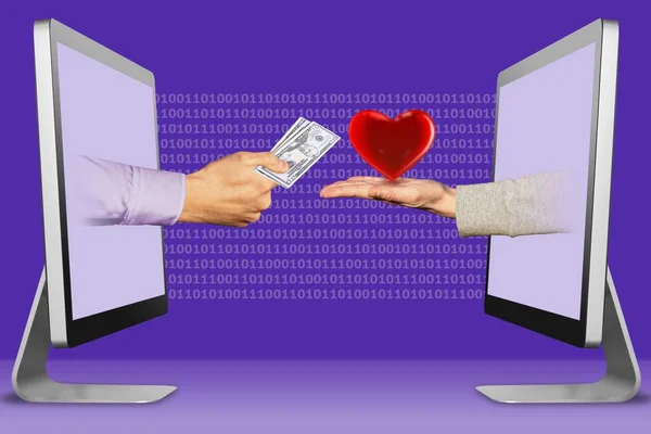 Betald Online Dating Koncept Händerna Från Bildskärmar Handen Med Kontanta — Stockfoto