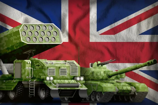 tank and missile launcher with summer pixel camouflage on the United Kingdom (UK) flag background. United Kingdom (UK) heavy military armored vehicles concept. 3d Illustration
