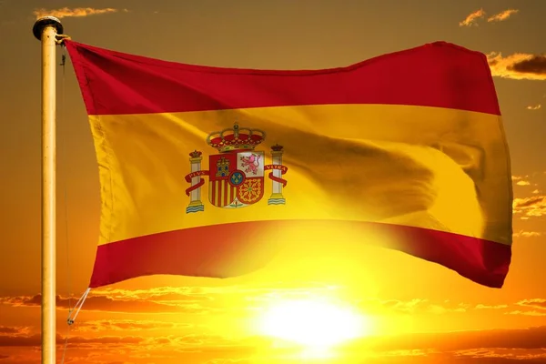 Spain Flag Weaving Beautiful Orange Sunset Background — Stock Photo, Image