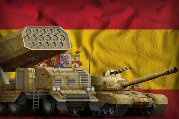 Танк Ракету Ракета Носій Жовтими Камуфляж Фоні Прапор Іспанії Іспанія — стокове фото