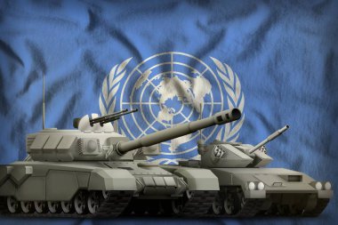 Tanklar Birleşmiş Milletler bayrağı arka üzerinde. Birleşmiş Milletler tank kavramı zorlar. 3D çizim