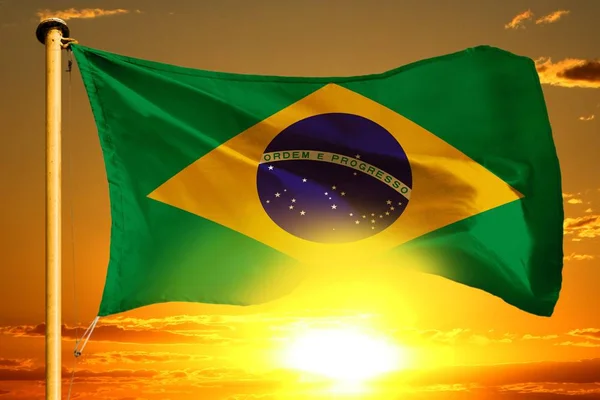 Brazília Zászló Szövés Gyönyörű Narancssárga Naplemente Háttér — Stock Fotó