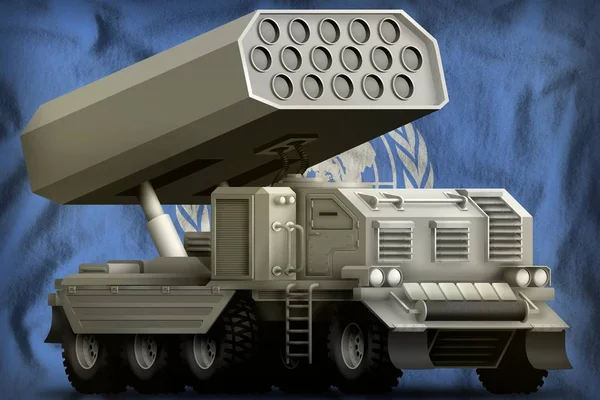 火箭火炮 导弹发射器在联合国国旗背景 — 图库照片