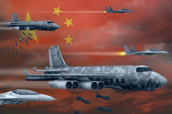 China Bom Luchtaanval Concept Moderne China Oorlog Vliegtuigen Bombardementen Vlag — Stockfoto