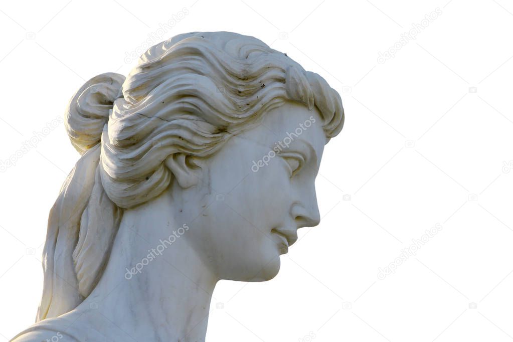 Head of white female marble statue close up on white background