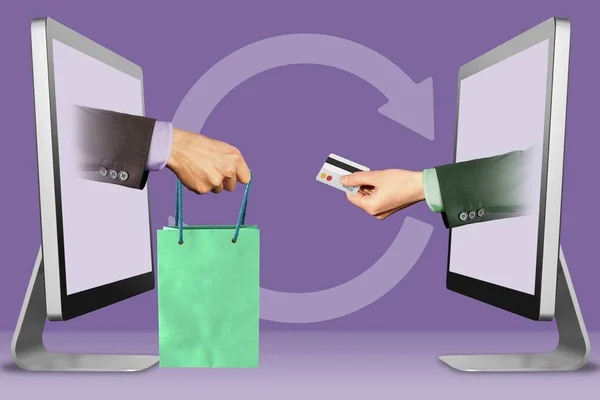 payment via cc concept, hands from displays. hand with shopping bag and hand with credit card . 3d illustration