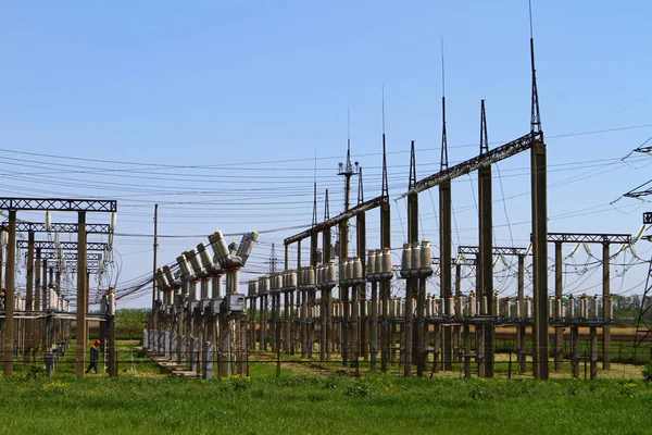 High Voltage Power Station Lines Transformer Blocks Blue Sky Medium — Stock Photo, Image