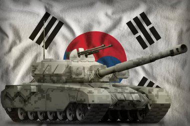 Kore Cumhuriyeti (Güney Kore) bayrağı arka üzerinde şehir piksel kamuflaj ile ağır tank. 3D çizim