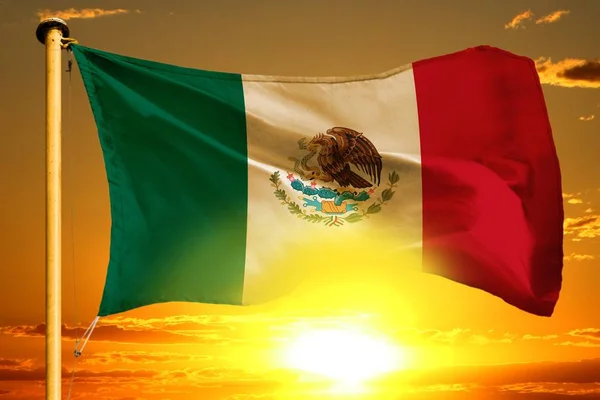 Mexico Flag Weaving Beautiful Orange Sunset Background — Stock Photo, Image