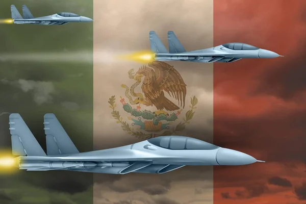 Mexico air strike concept. Modern war airplanes attack on Mexico flag background. 3d Illustration — Stock Image Mexico Air Strike Concept Modern War Airplanes Attack Mexico Flag Royalty Free Stock Photos