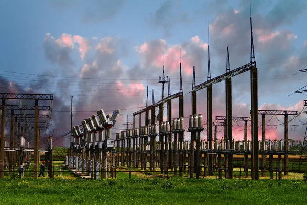 High Voltage Electric Power Station Electric Poles Lines Red Sunset — Stock Photo, Image