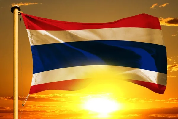 Drapeau Thaïlande Tissage Sur Beau Fond Coucher Soleil Orange — Photo